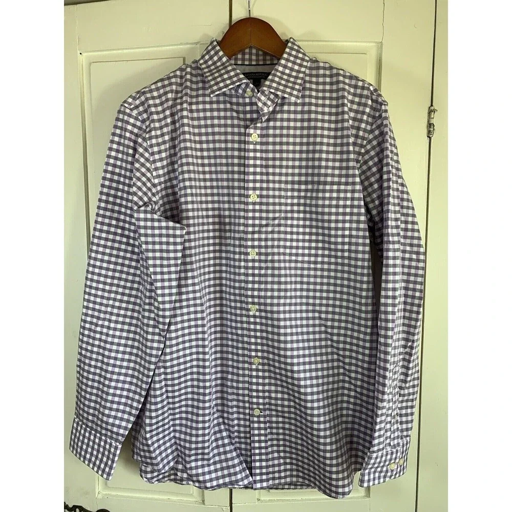 Banana Republic Shirt Mens Large Purple White Checks Preppy Easter Office Casual
